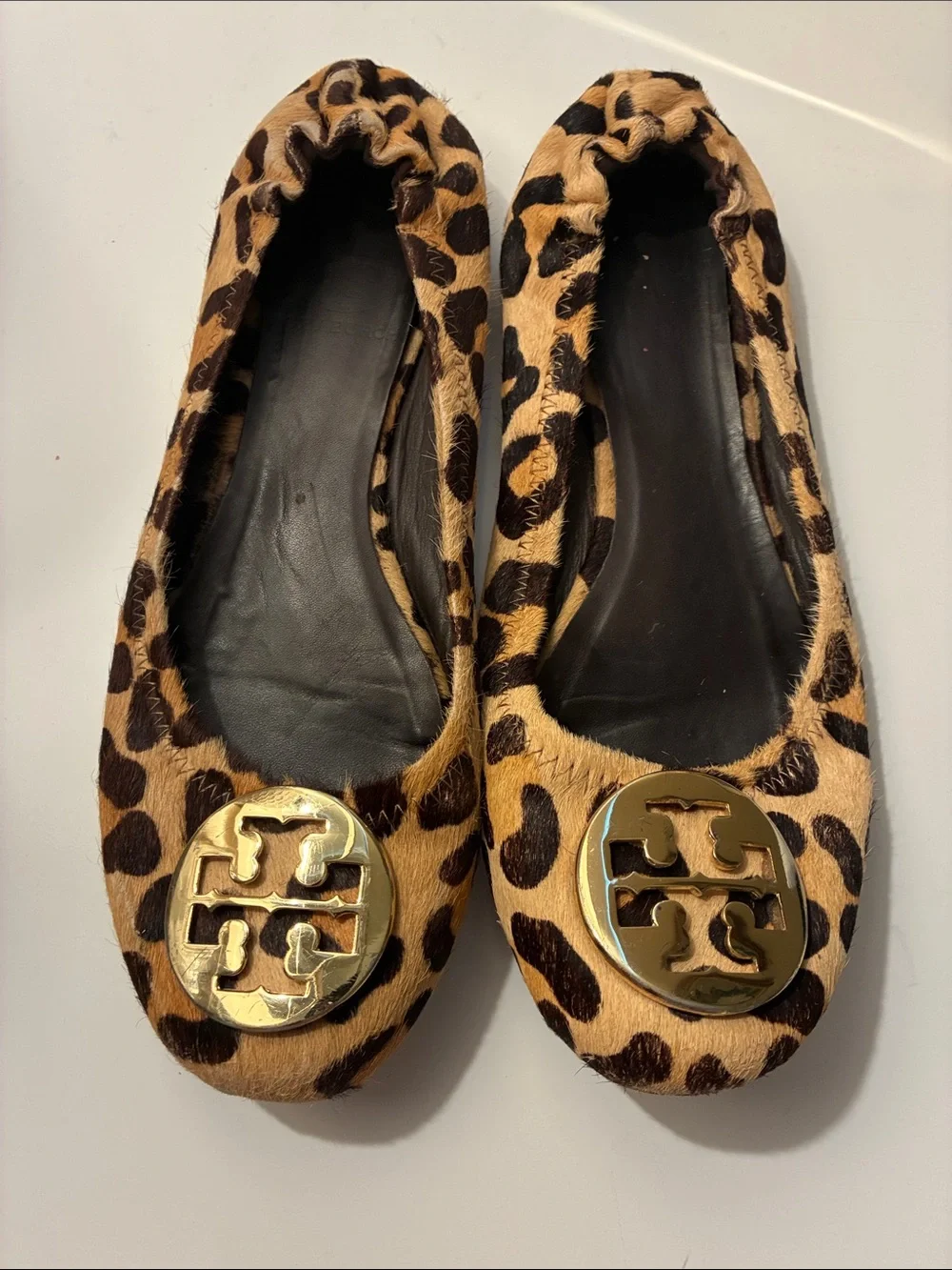 Tory Burch Leopard-Print Ballet Flats with Gold Logo, Size 7.5
